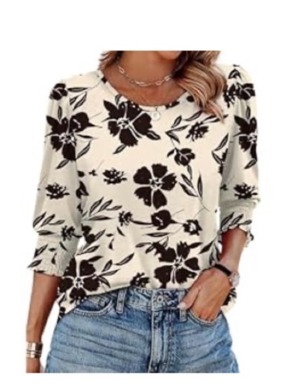 Black Floral Scoop Neck Long Sleeve Top in Cream
